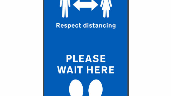 Respect distancing & please wait here mat on white background