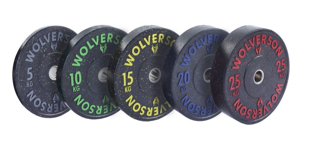 5 separate bumper weight plates in different colours